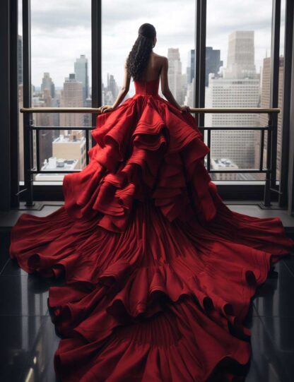 Woman in Red Dress in City Window