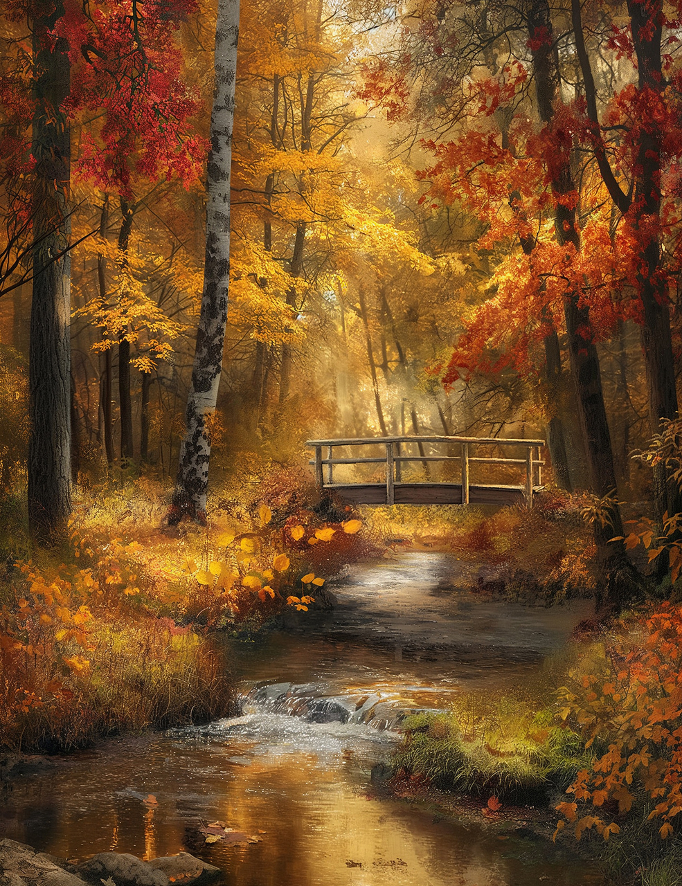 River Bridge in an Autumn Forest Giclee