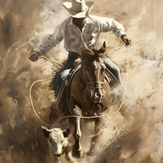 Cowboy Lassoing a Cow Giclee