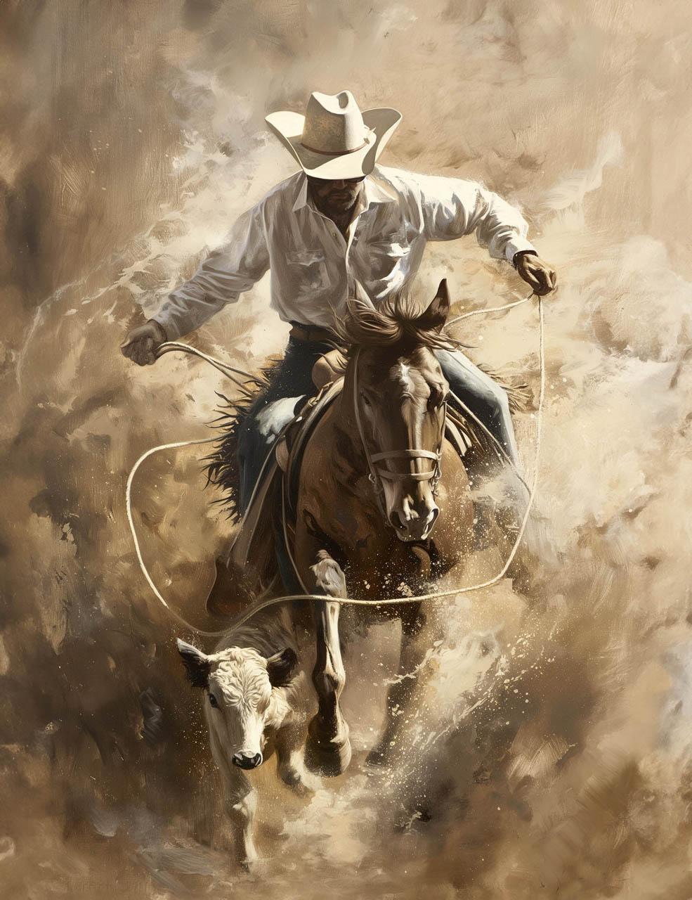 Cowboy Lassoing a Cow Giclee