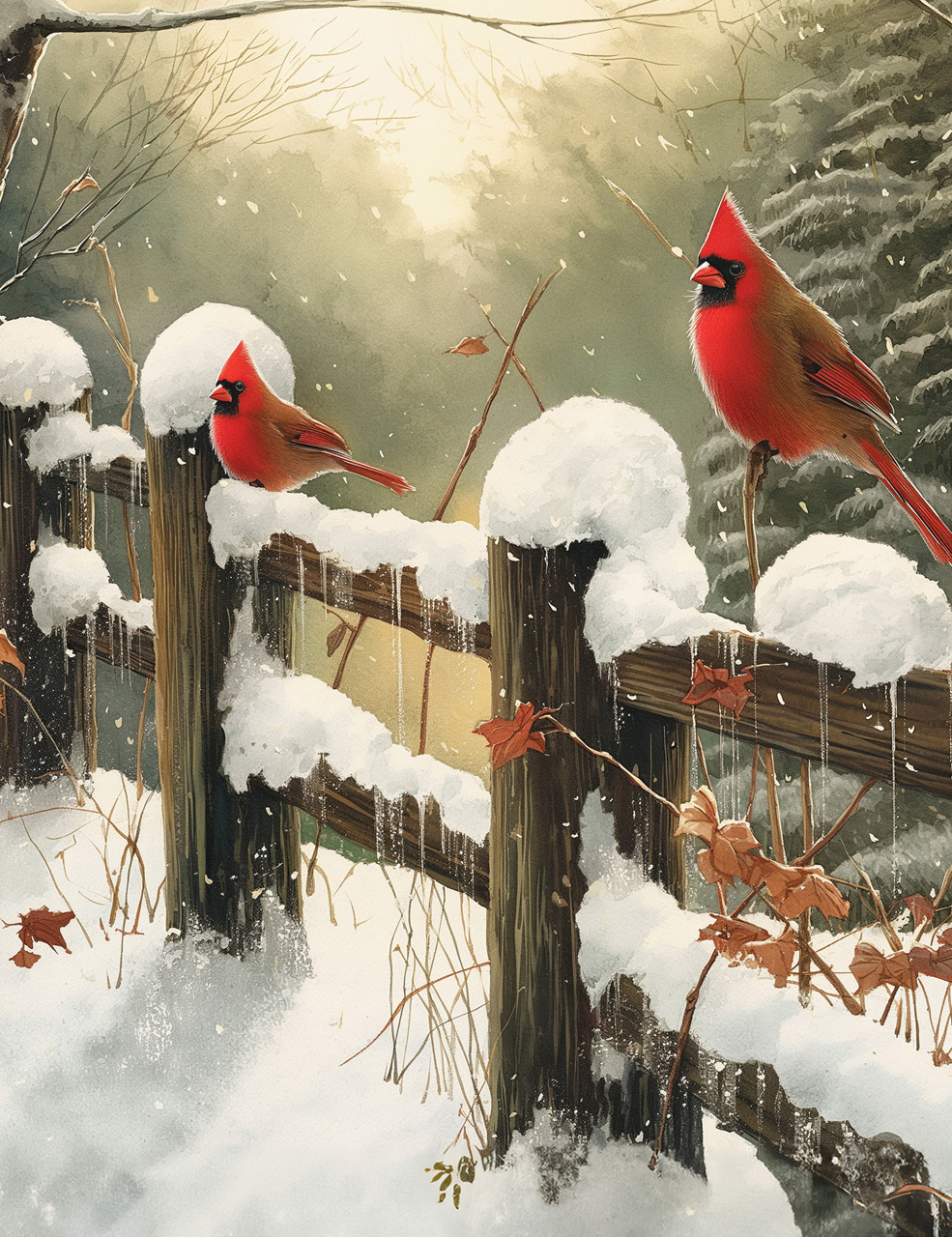 Red Cardinals on a Snow Capped Fence Giclee