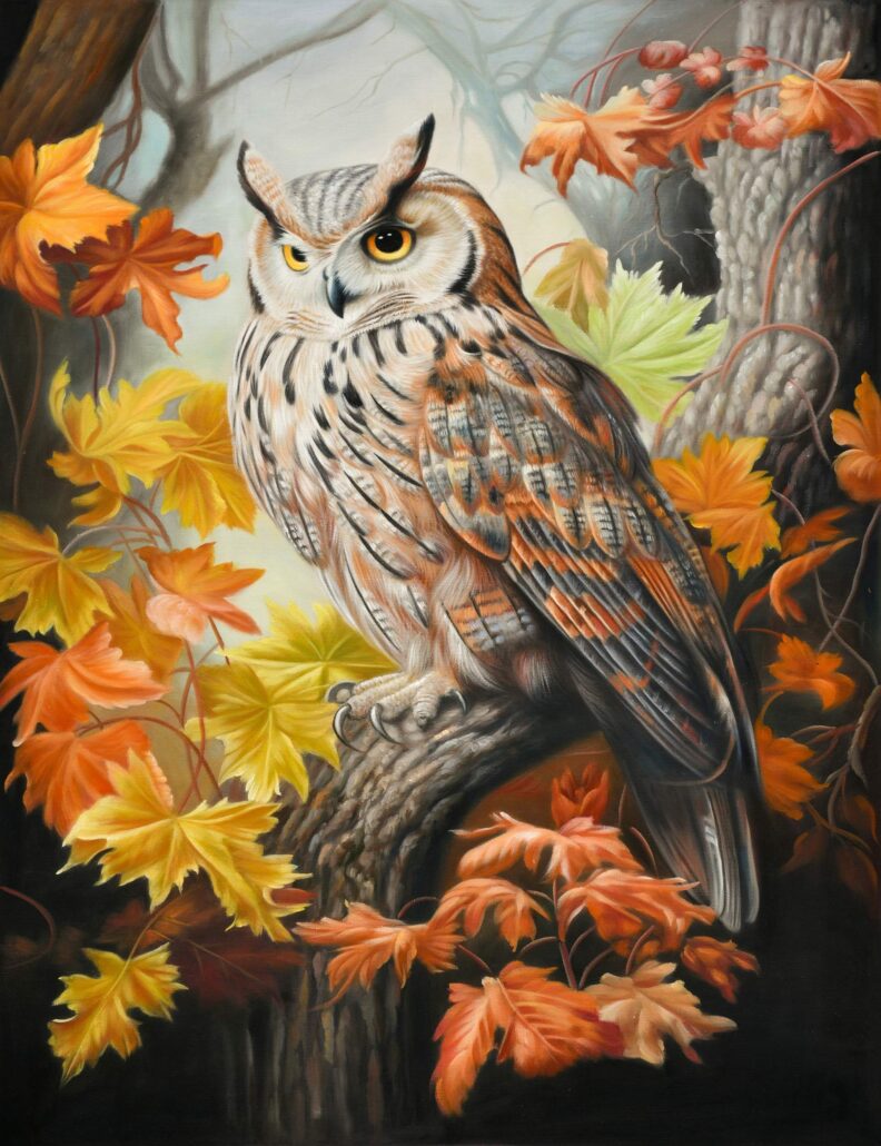 Owl in Autumn Leaves