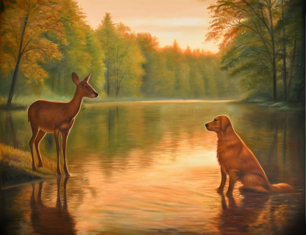 Doe and Dog on the Lake