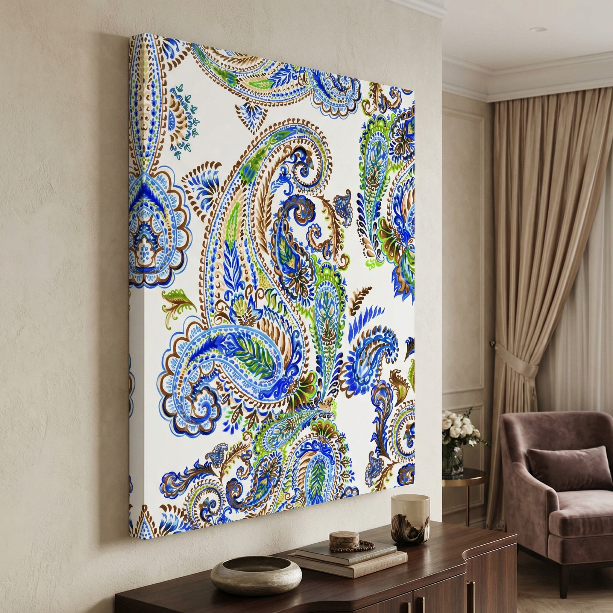 Watercolor Paisley Pattern shown in a room