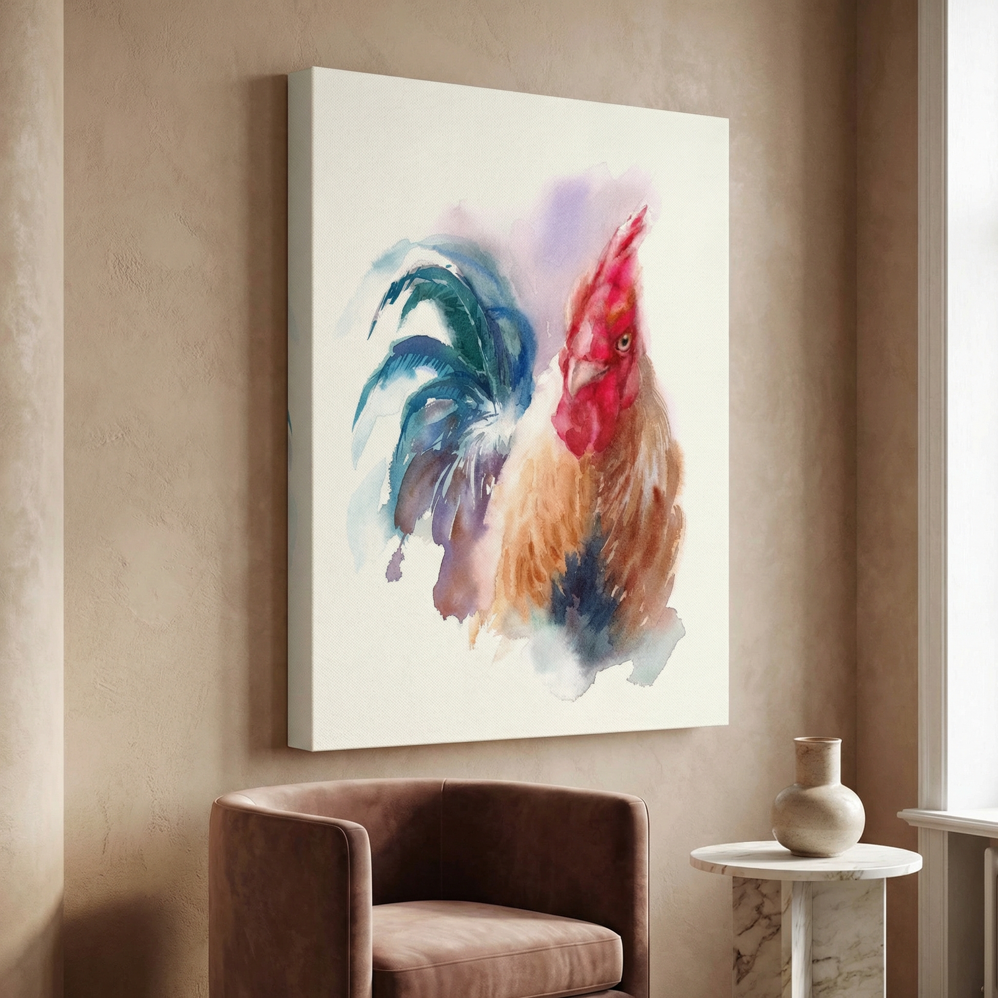 Rooster Watercolor shown in a room