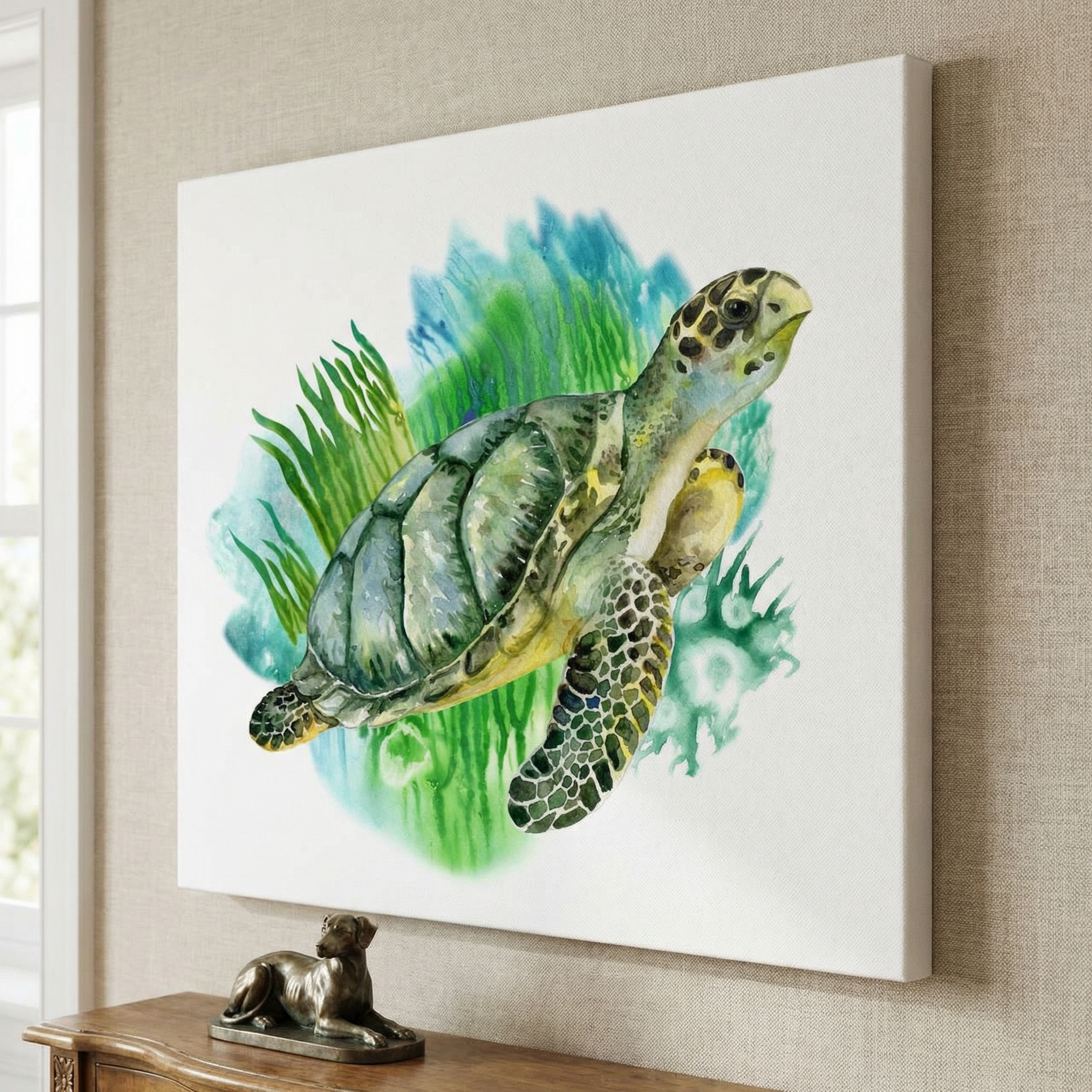 Turtle Watercolor shown in a room