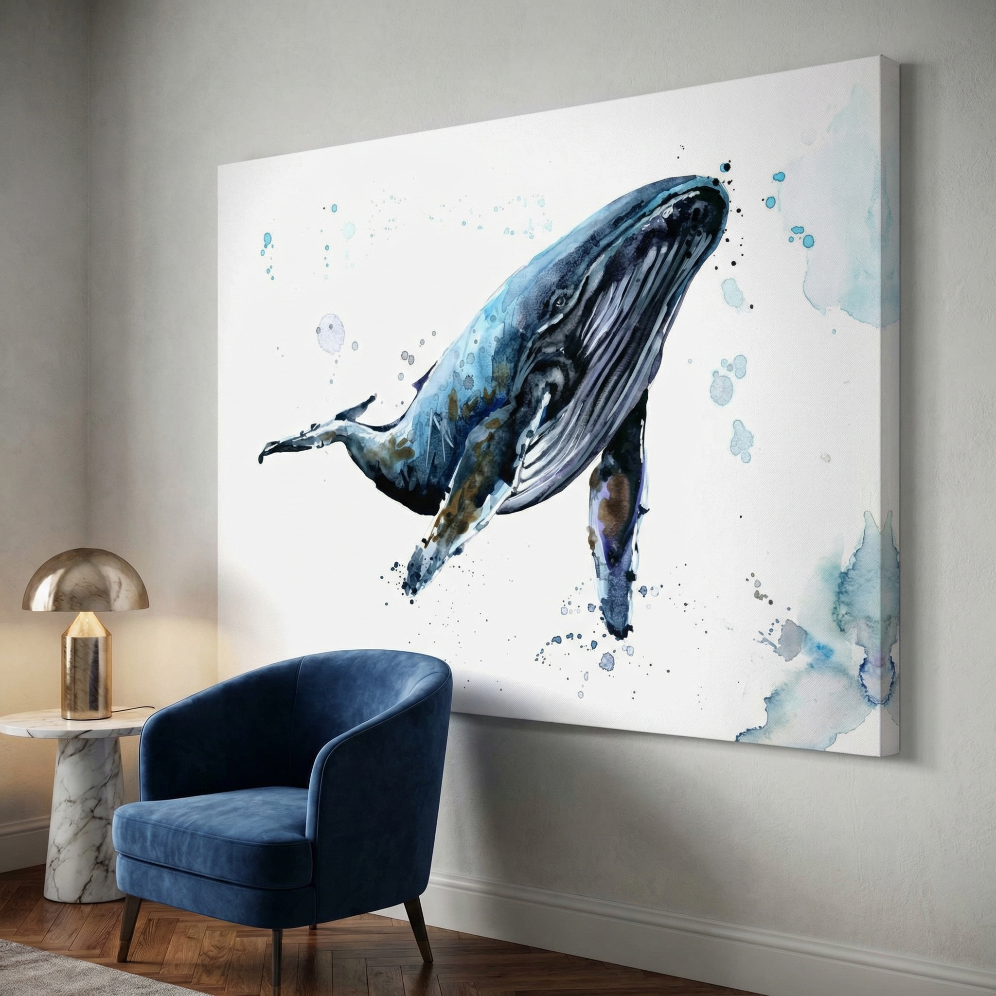 Whale Watercolor shown in a room