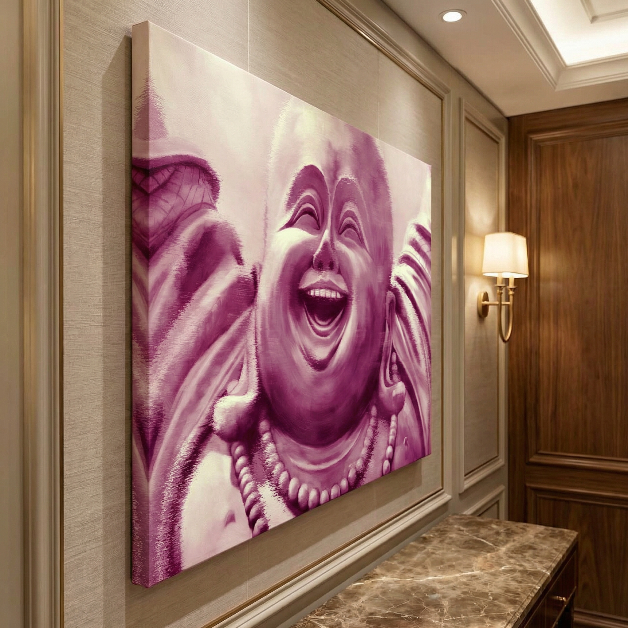 Monochrome Laughing Buddha shown in a room