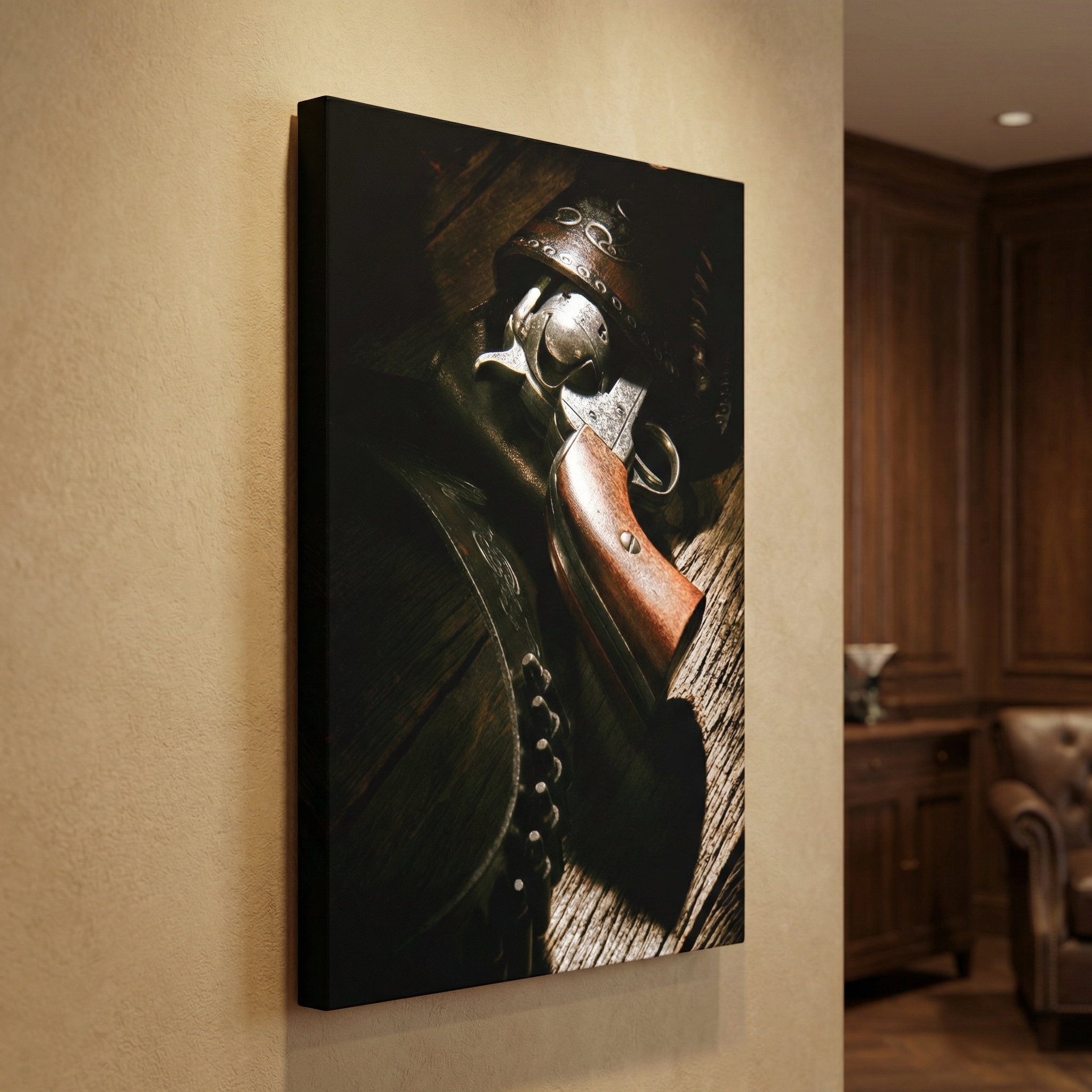 Vintage cowboy leather holster shown in a room