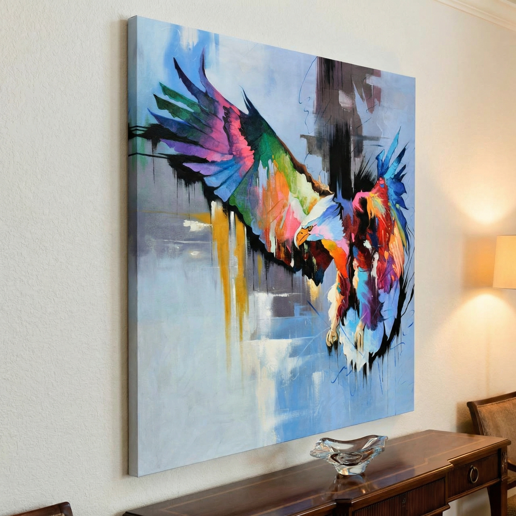 Multicolored Eagle in Flight shown in a room