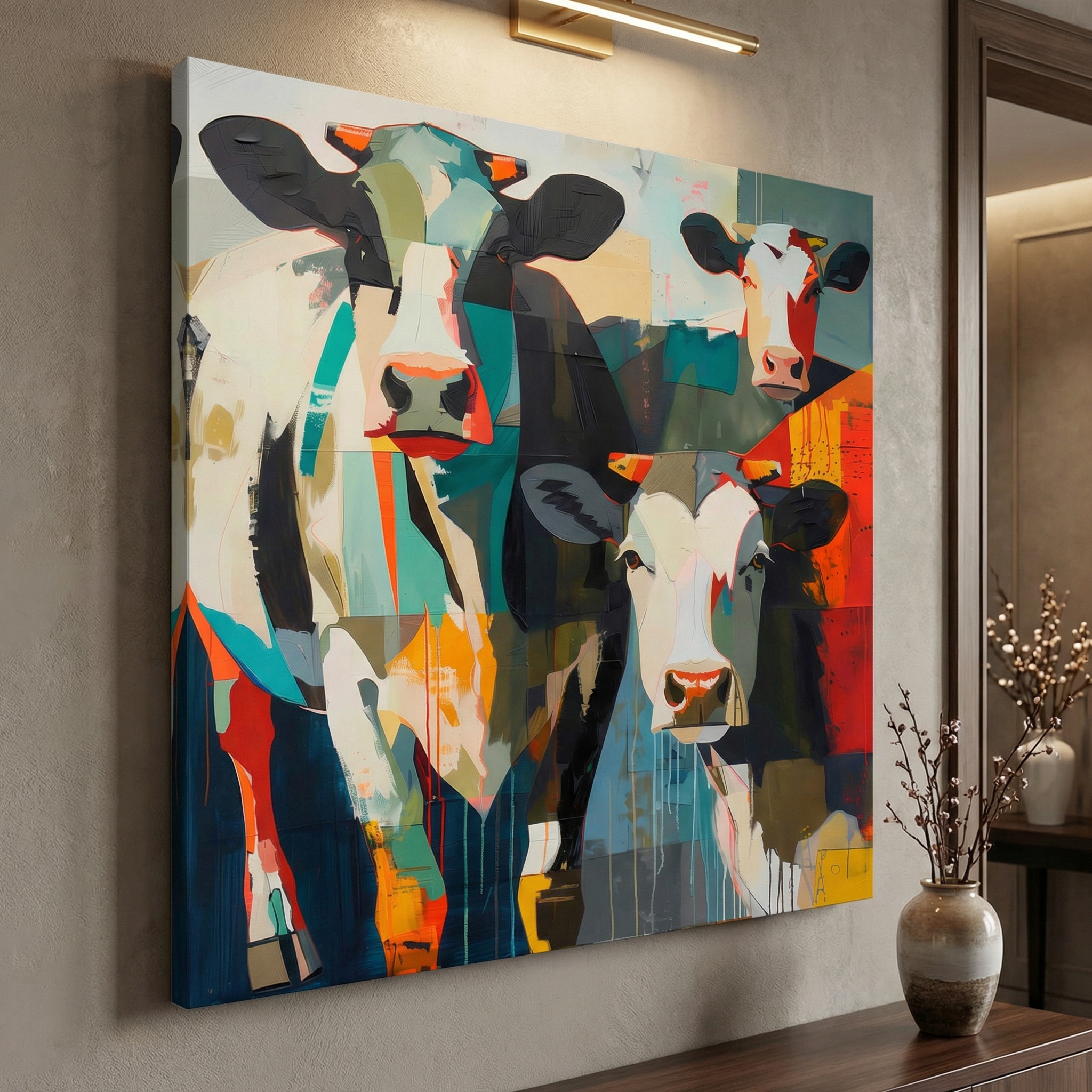 Three Multicolored Cows shown in a room