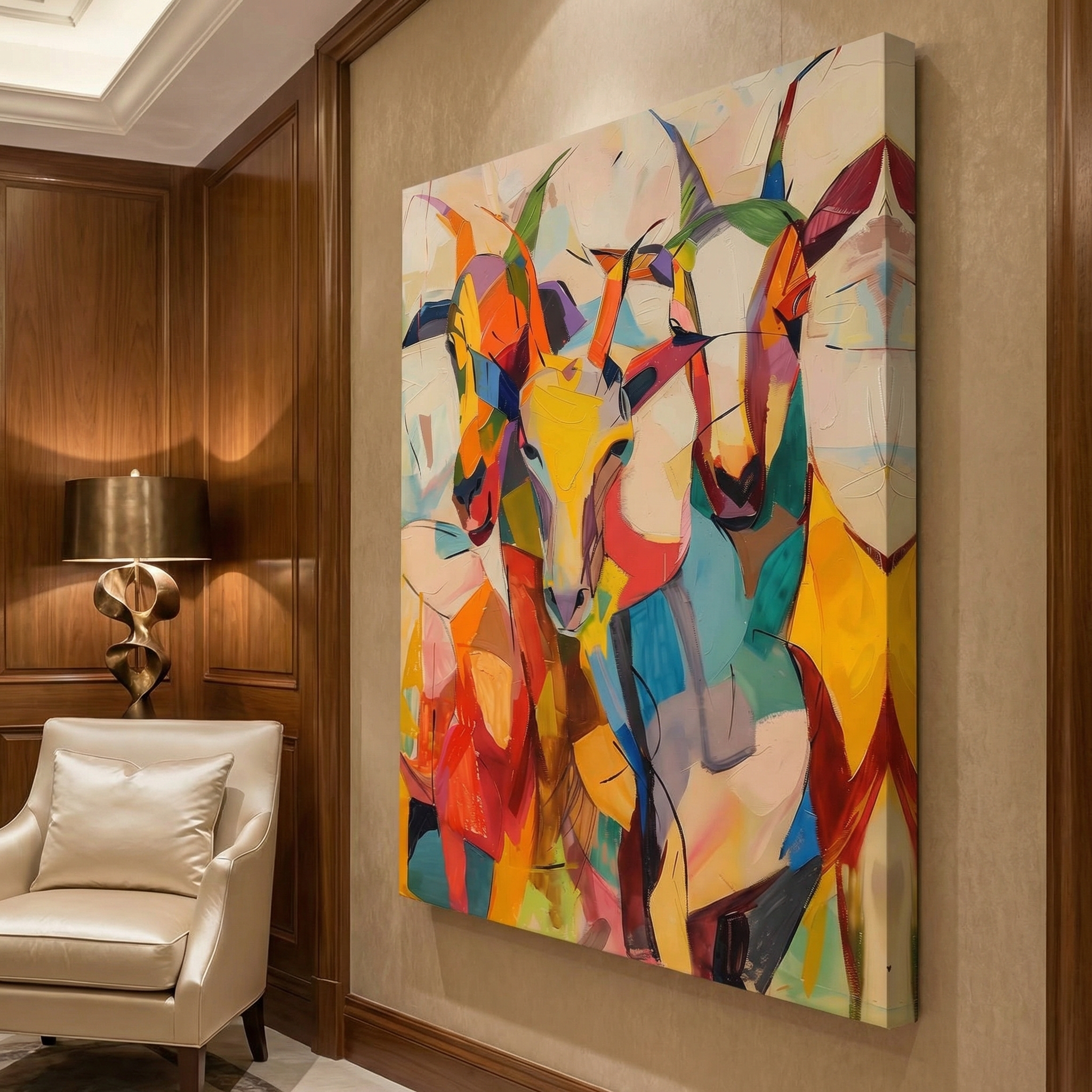 Three Colorful Goats shown in a room