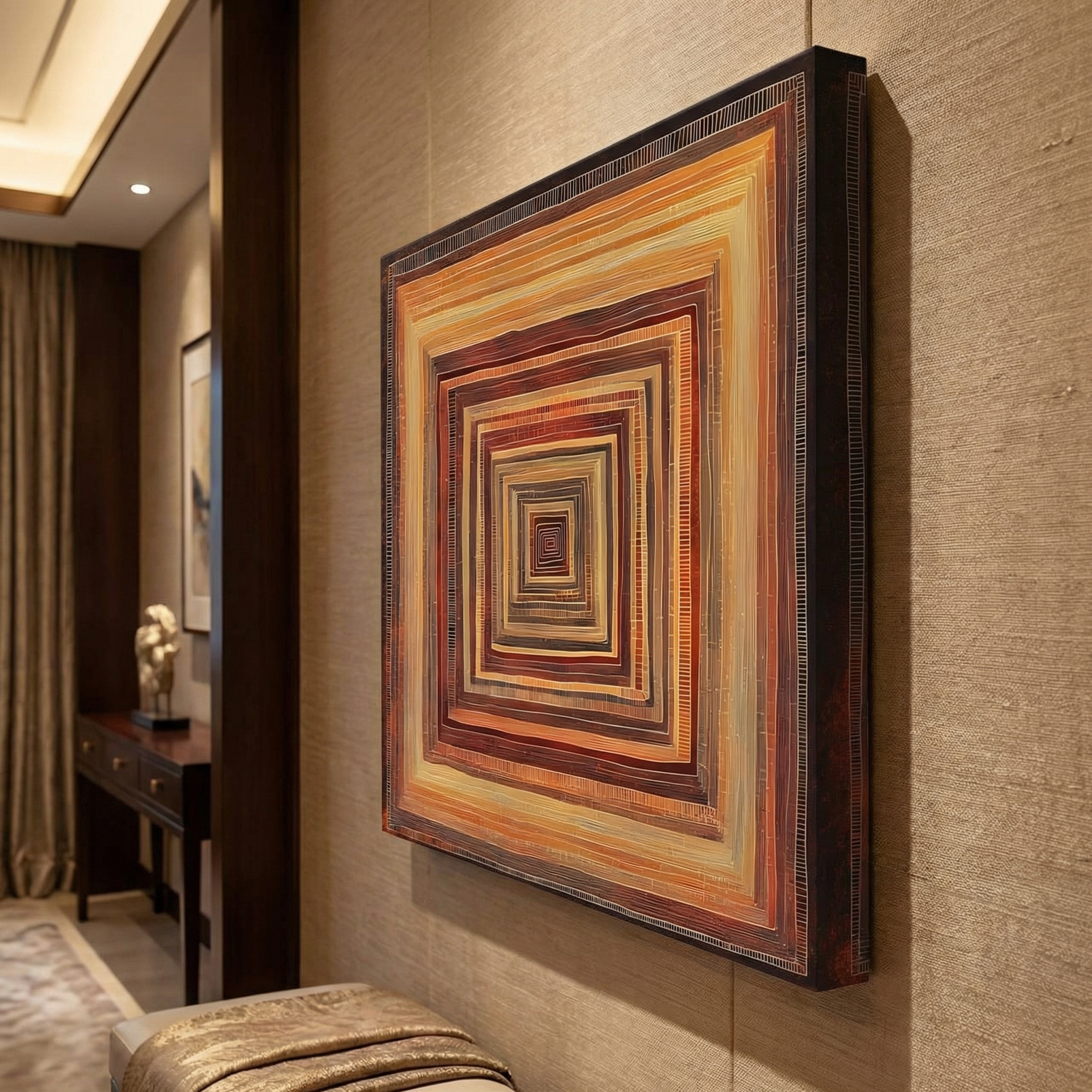 Multicolored Concentric Square Pattern shown in a room