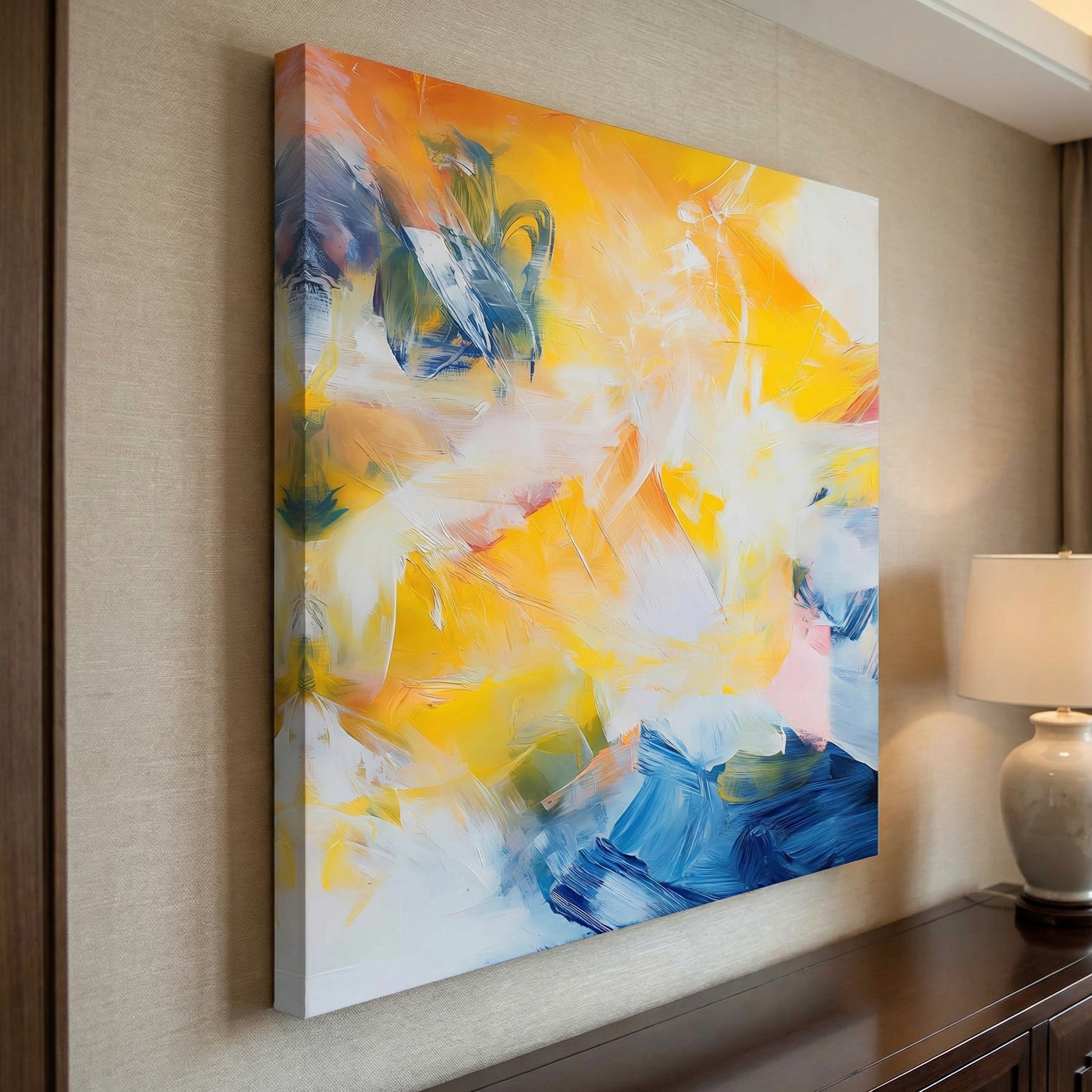 Yellow Multicolor Swirl Abstract shown in a room