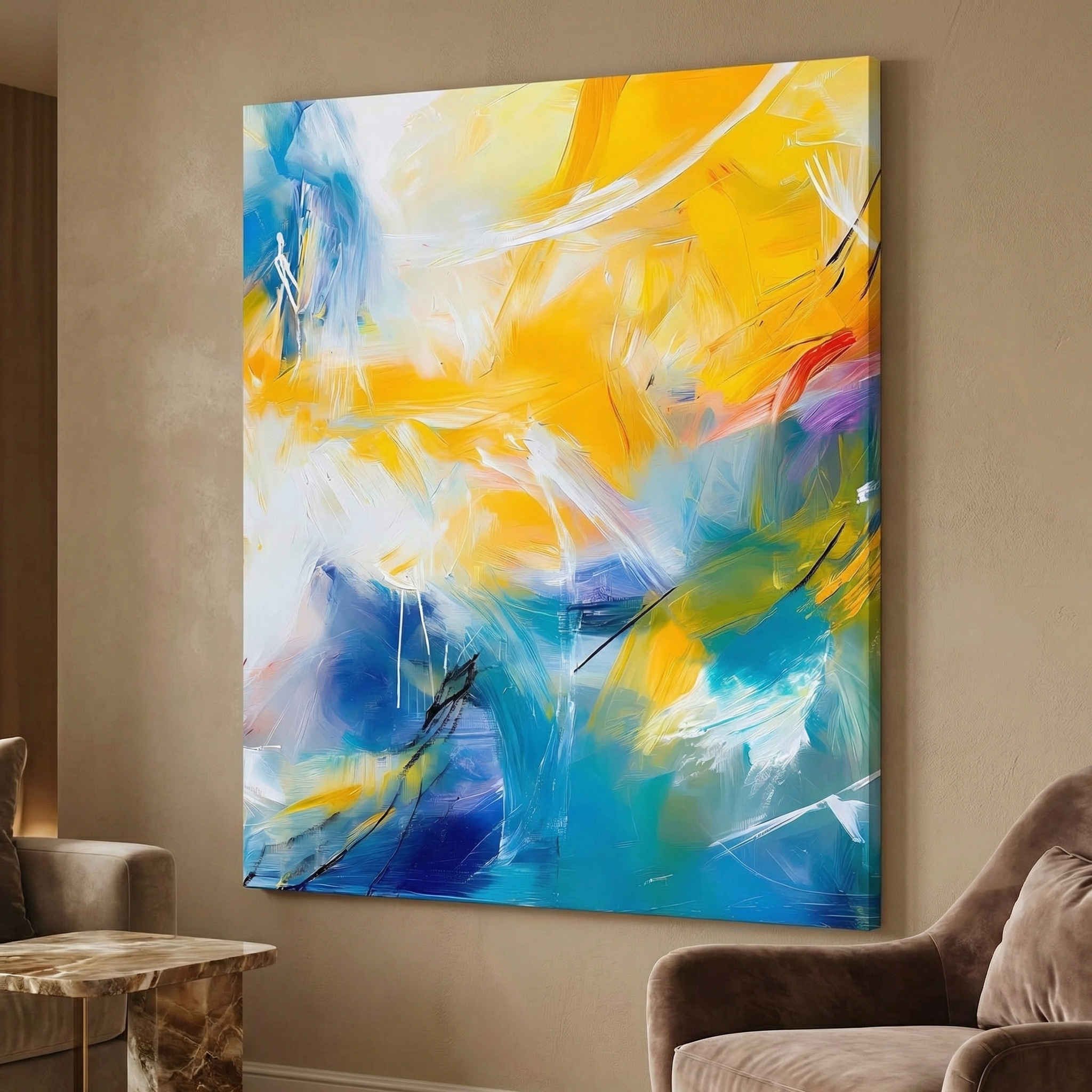 Yellow Blue and White Abstract shown in a room