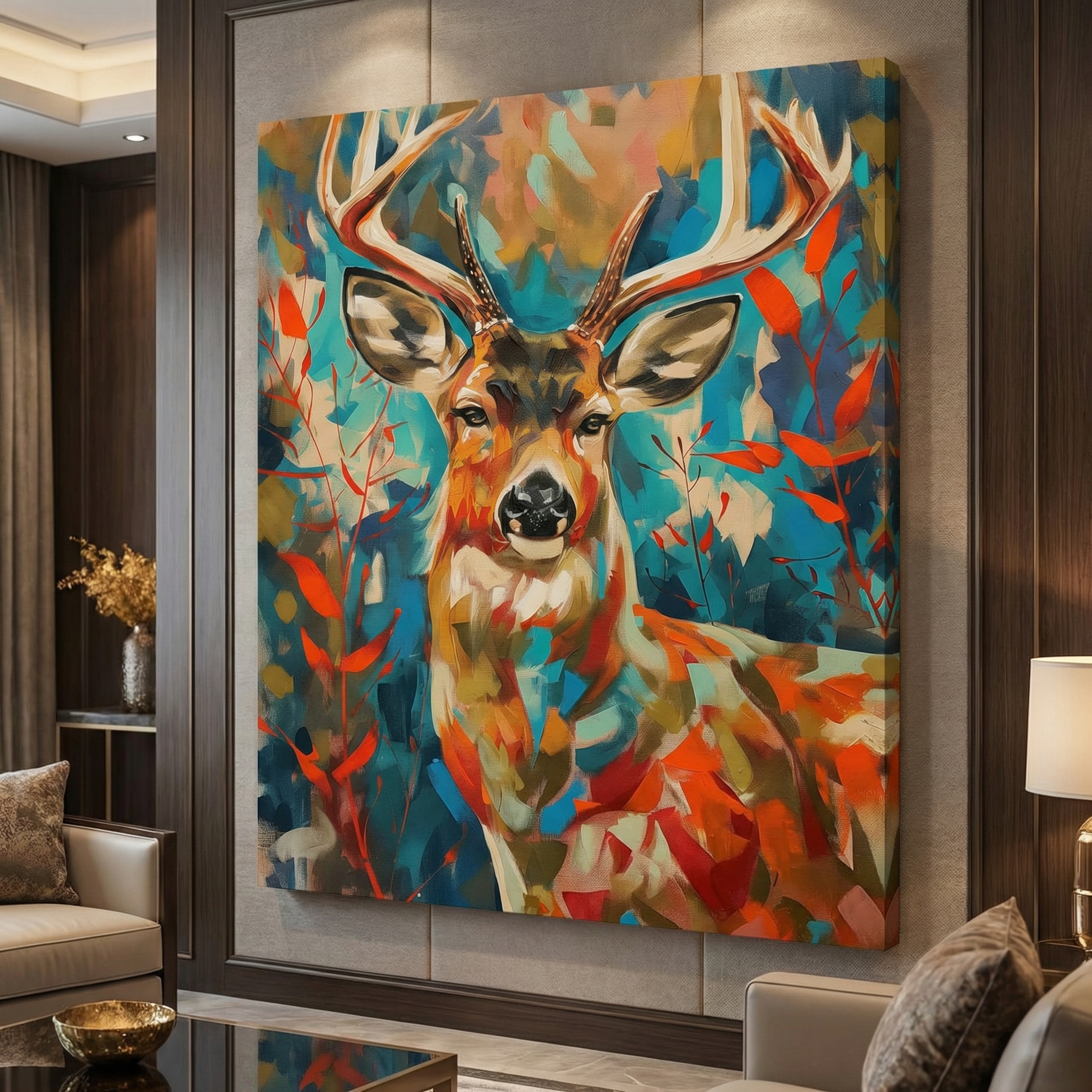 Colorful Stag Portrait shown in a room