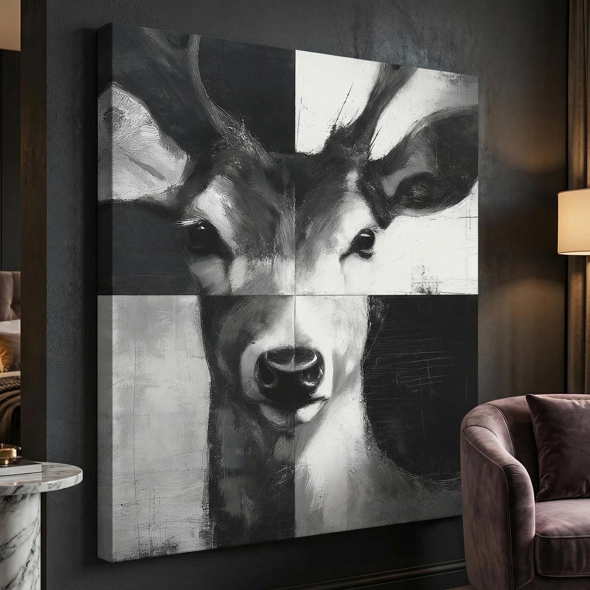 Stag Portrait with Black and White Squares shown in a room