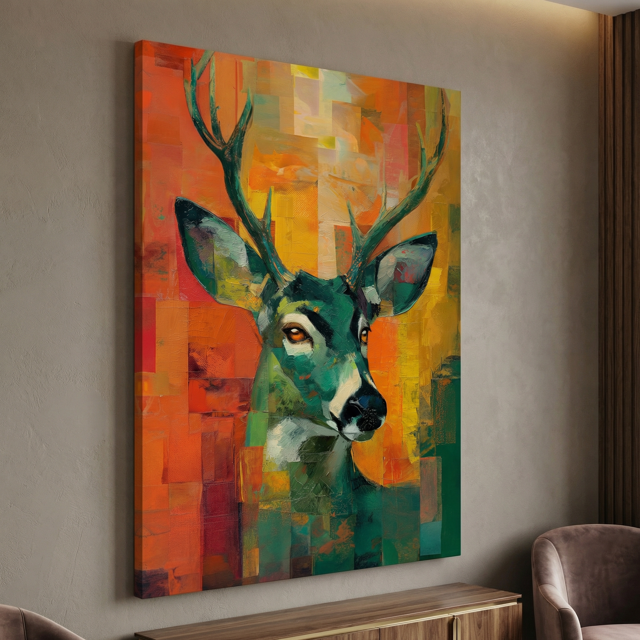 Modern Abstract Stag Portrait shown in a room