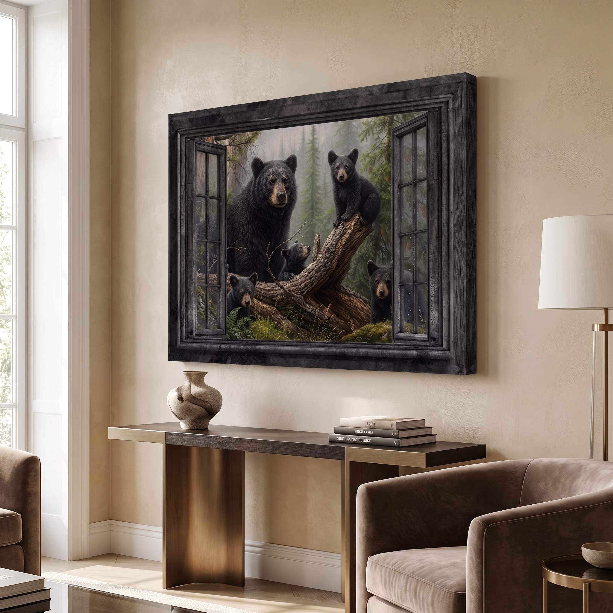 Black Bear Family at the Window shown in a room