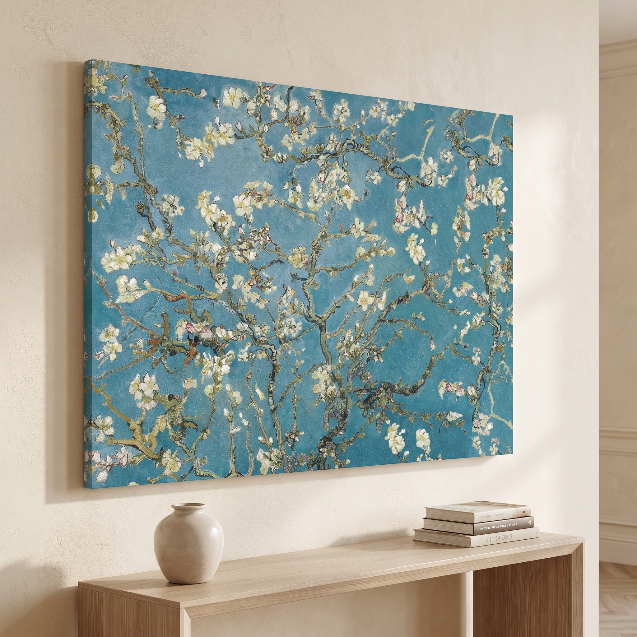 White Blossoms on Blue shown in a room