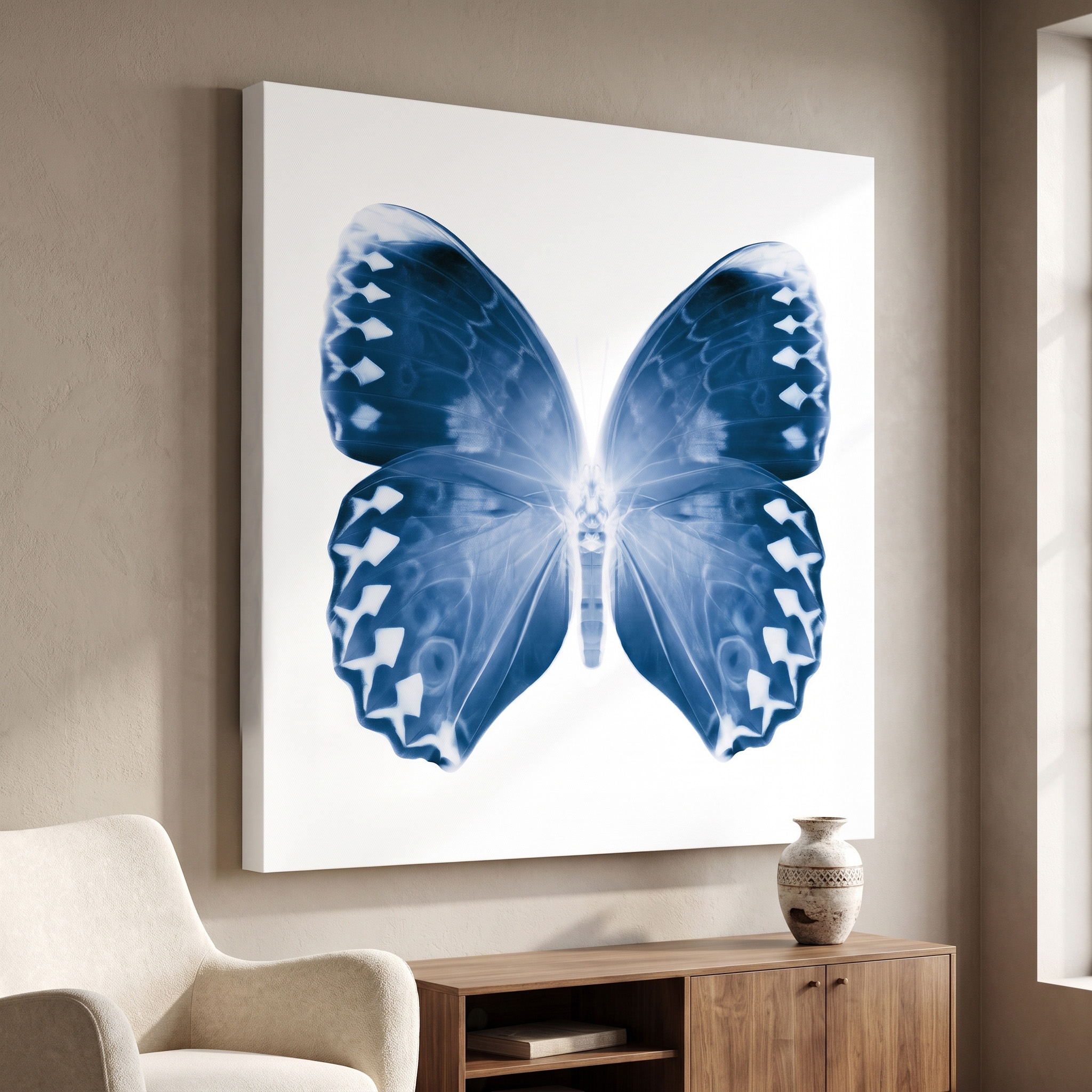 Indigo Butterfly shown in a room