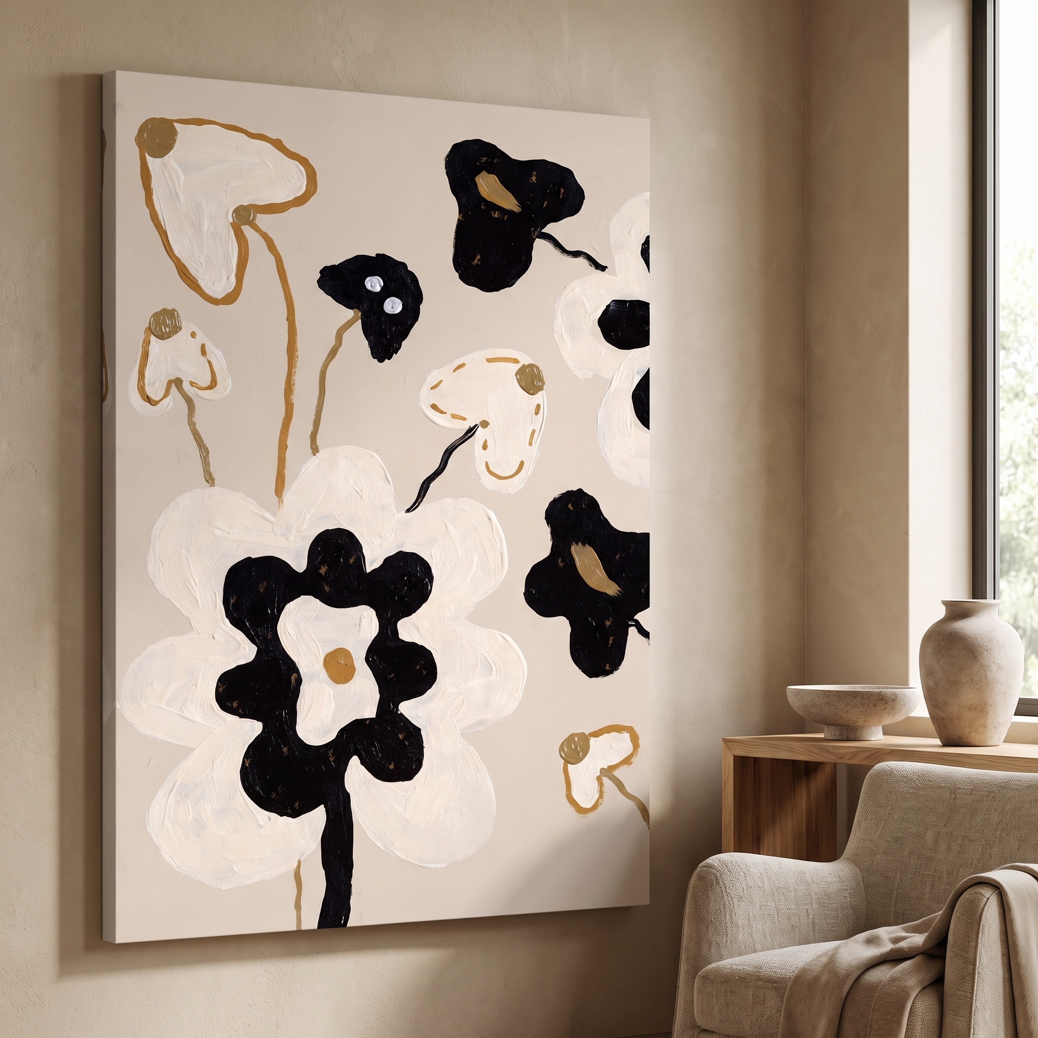 Modern Black and Gold Florals shown in a room