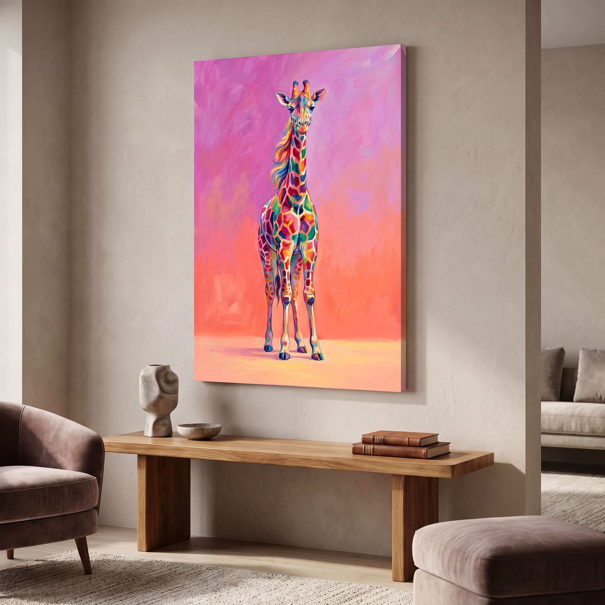 Colorful Giraffe shown in a room